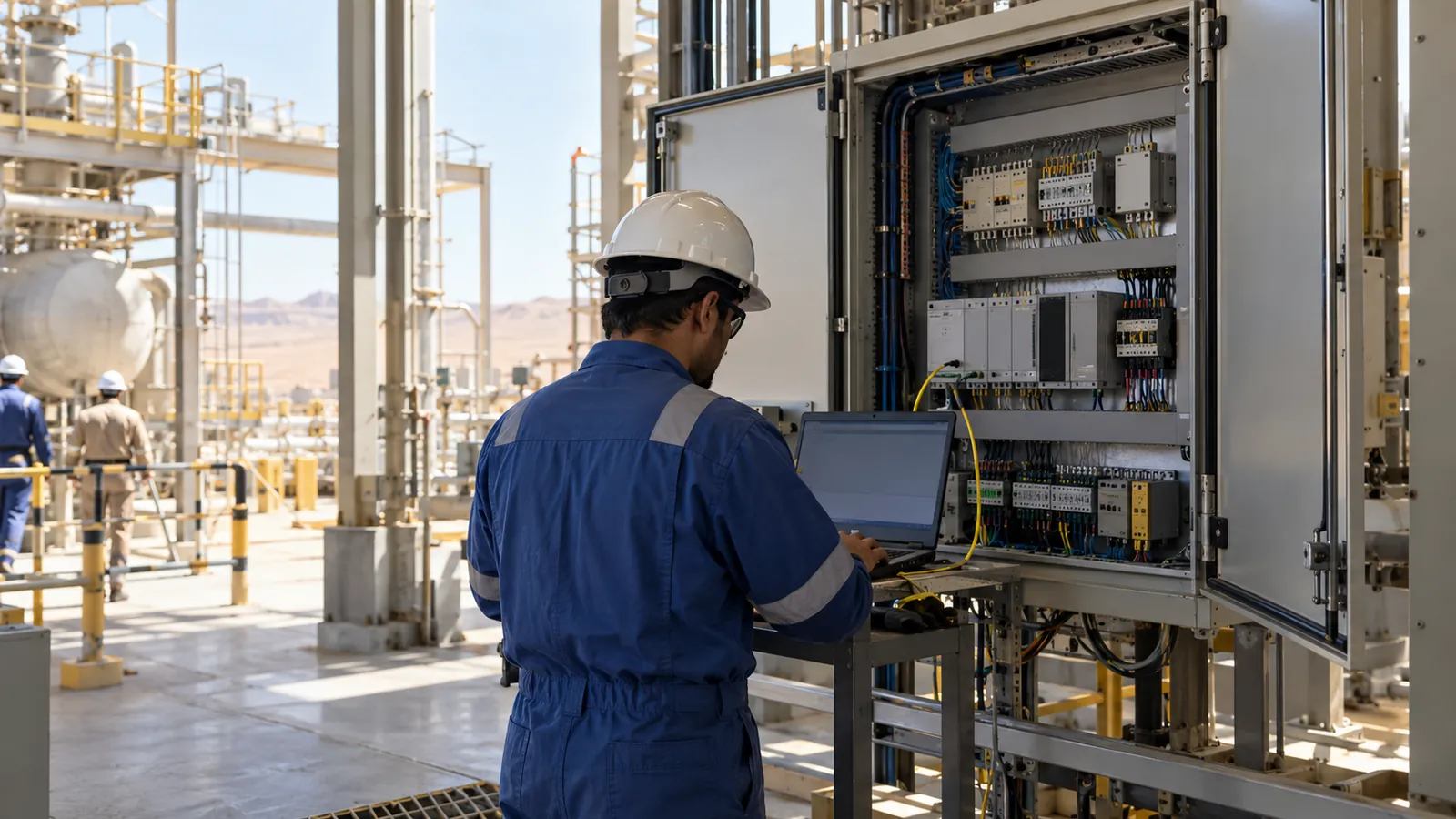 Engineer carrying out Allen-Bradley PLC programming on a CompactLogix controller in Saudi Arabia