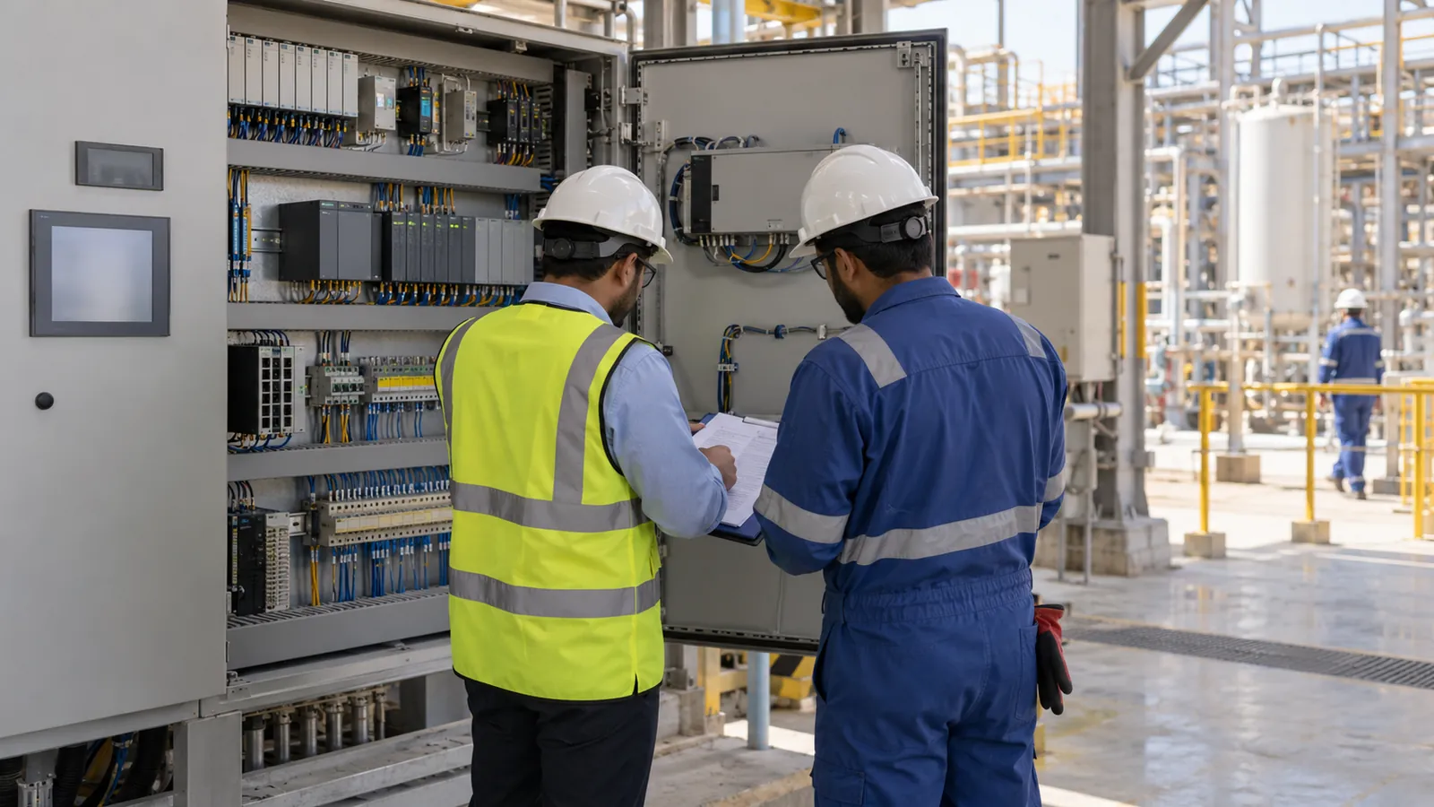 Engineer and inspector reviewing records at an approved industrial automation company in Saudi Arabia