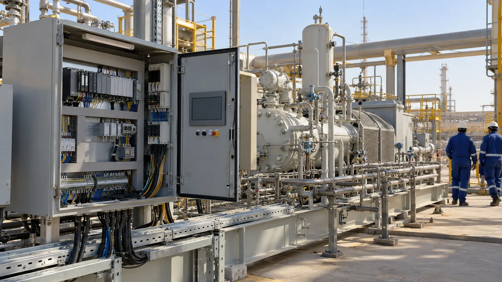 Compressor control system PLC and operator panel on a skid in Saudi Arabia
