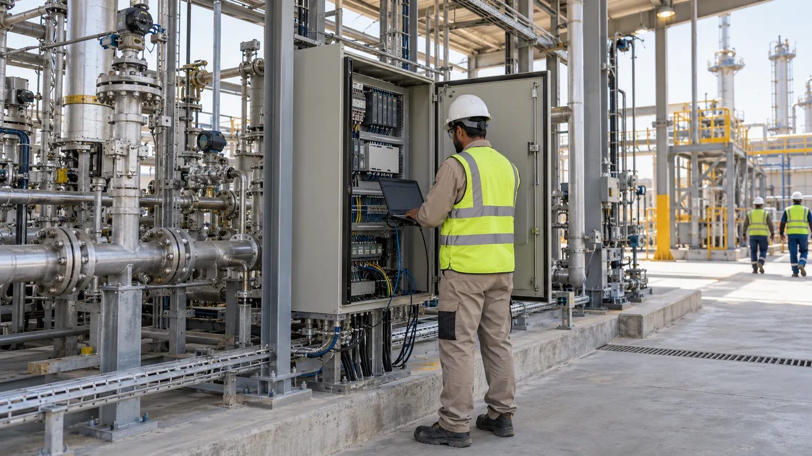 Engineer carrying out control system commissioning on a PLC and SCADA system at a plant in Saudi Arabia