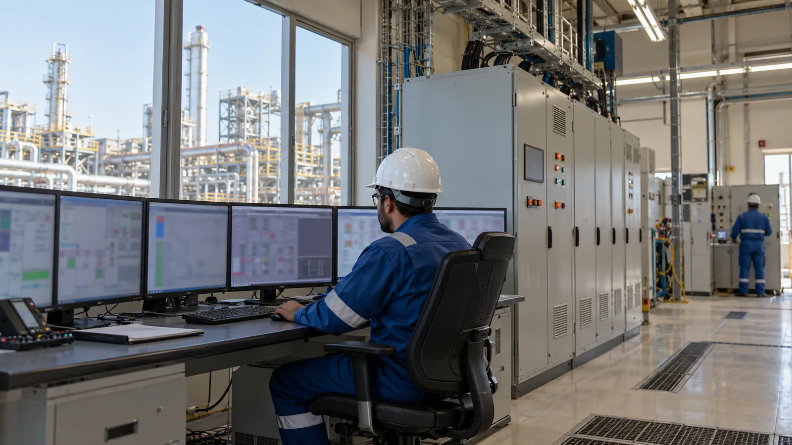 Control room engineer reviewing a DCS to SCADA interface during DCS integration services in Saudi Arabia