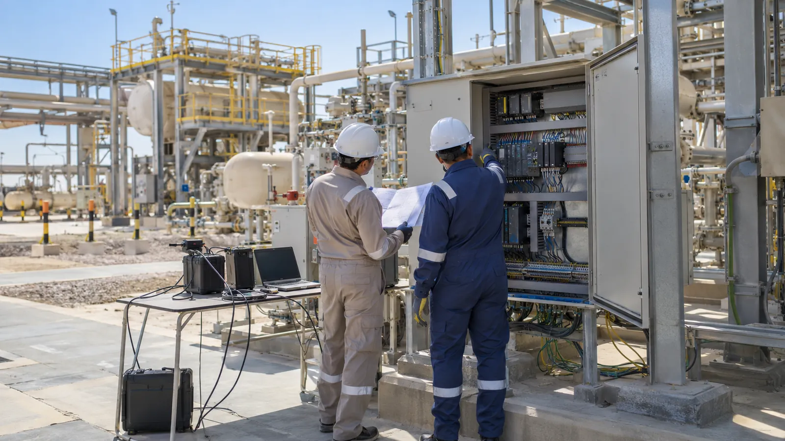 Engineers reviewing FAT vs SAT test sheets beside a control system test bench in Saudi Arabia