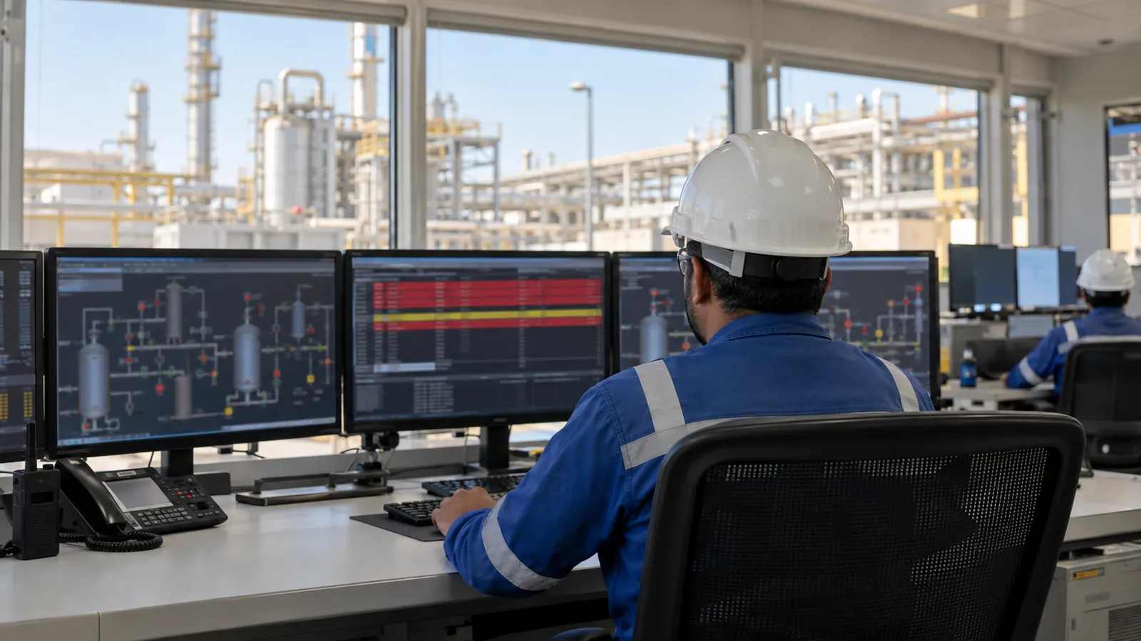 Operator reviewing an alarm list on an HMI screen governed by an HMI alarm philosophy in a Saudi plant