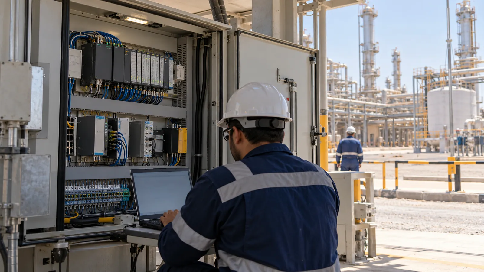 Engineer diagnosing a PLC fault on a laptop at an industrial site in Al Khobar