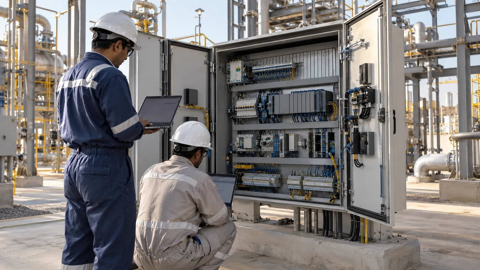 Engineers commissioning a control system for an industrial automation company in Saudi Arabia