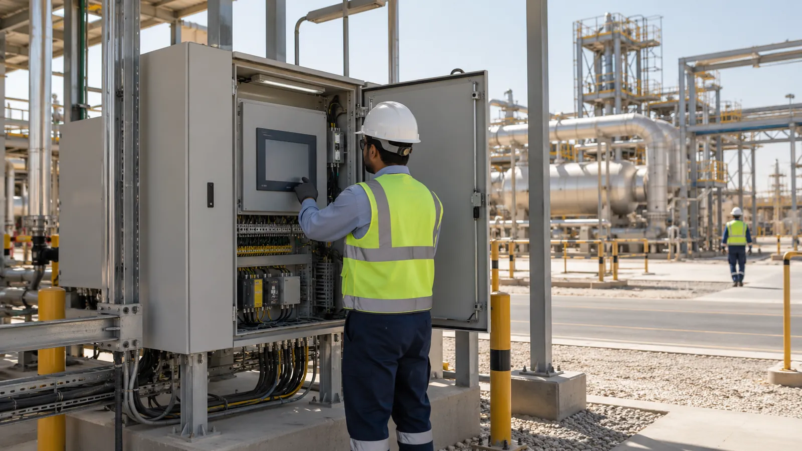 Automation engineer commissioning a PLC and HMI system at a plant in Dammam, Eastern Province