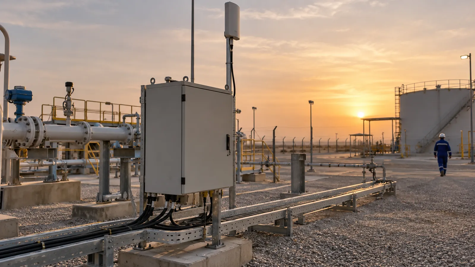 Remote terminal unit and radio mast at a pump site in the Eastern Province