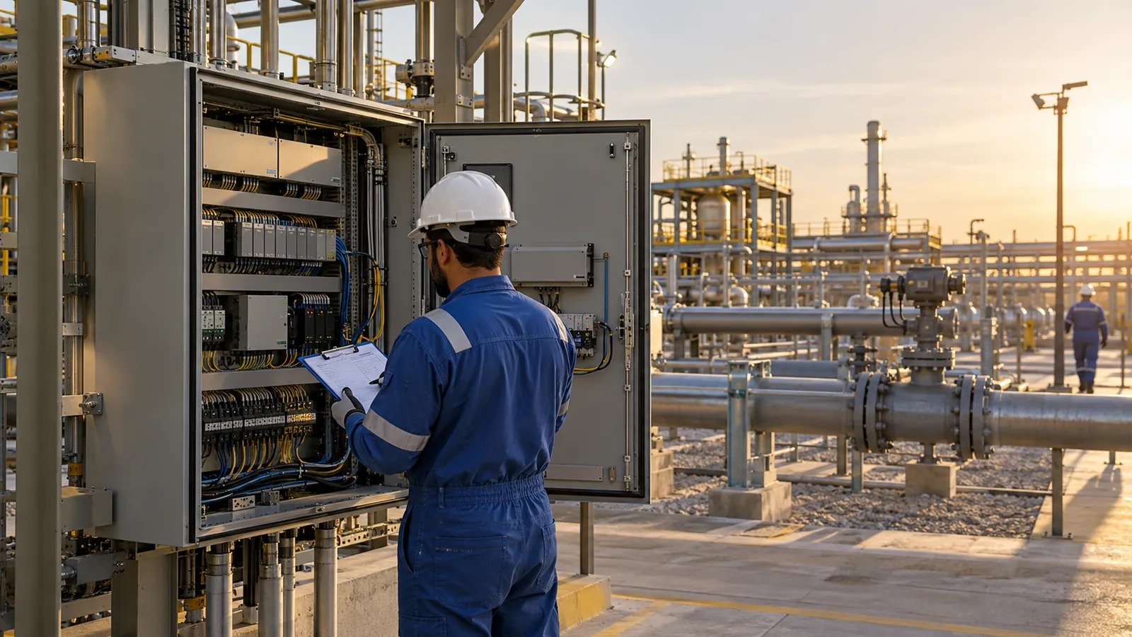 Engineer of KSA Industrial Automation Company reviewing a commissioning checklist beside a PLC cabinet