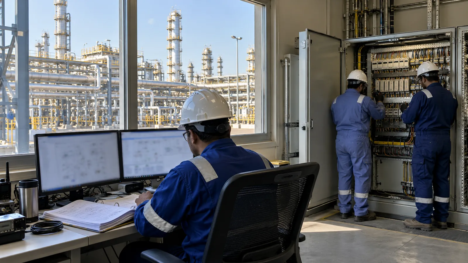 Control system engineer reviewing loop check records at a process plant in Jubail Industrial City