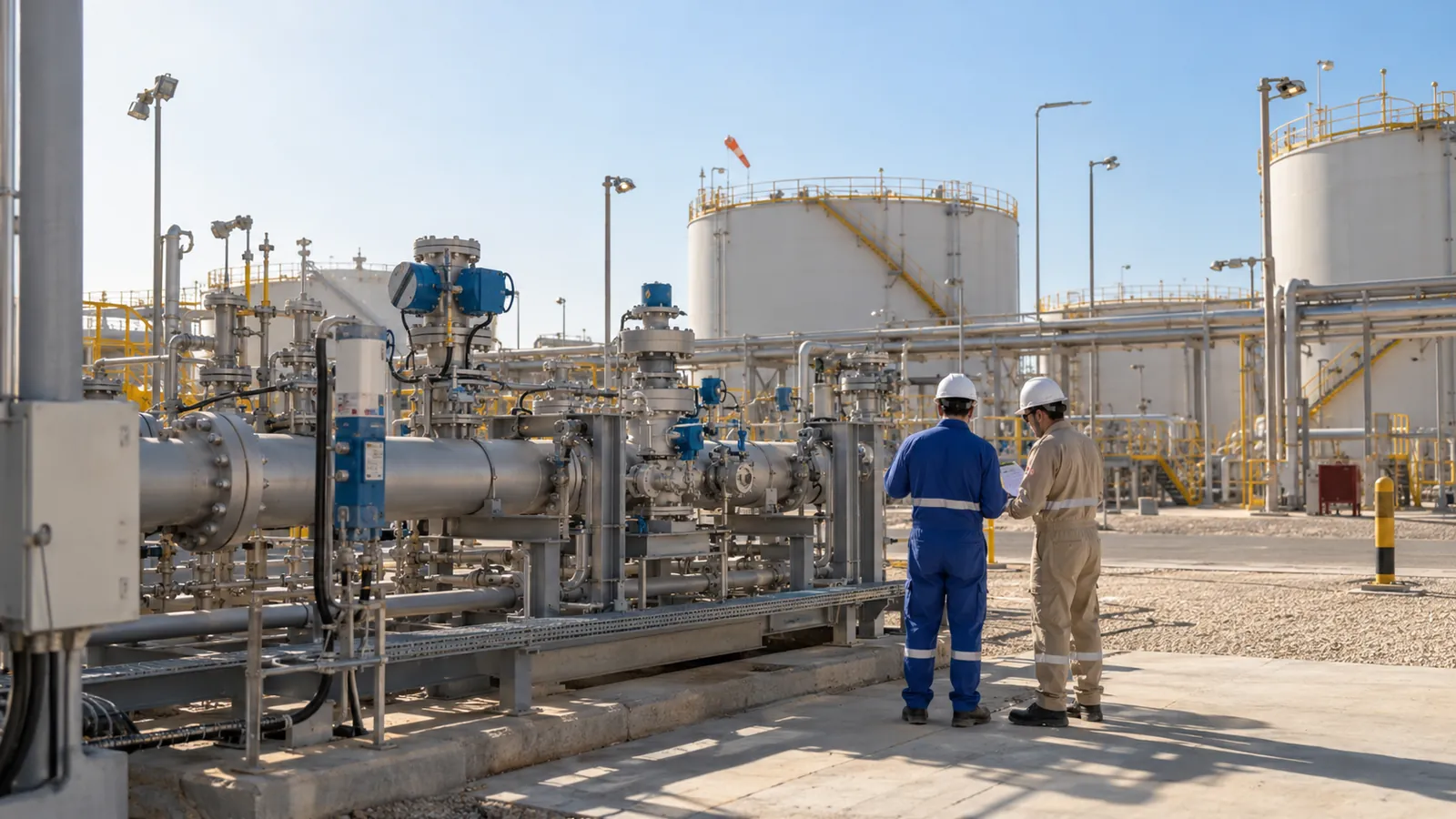 Control engineer checking tank farm instrumentation at an industrial site in Yanbu