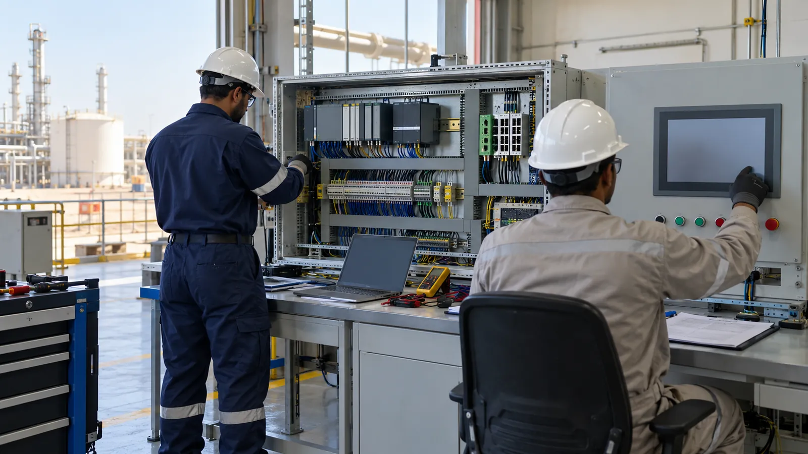 Engineers of KSA Industrial Automation Company testing a PLC and HMI system before site installation in Dammam