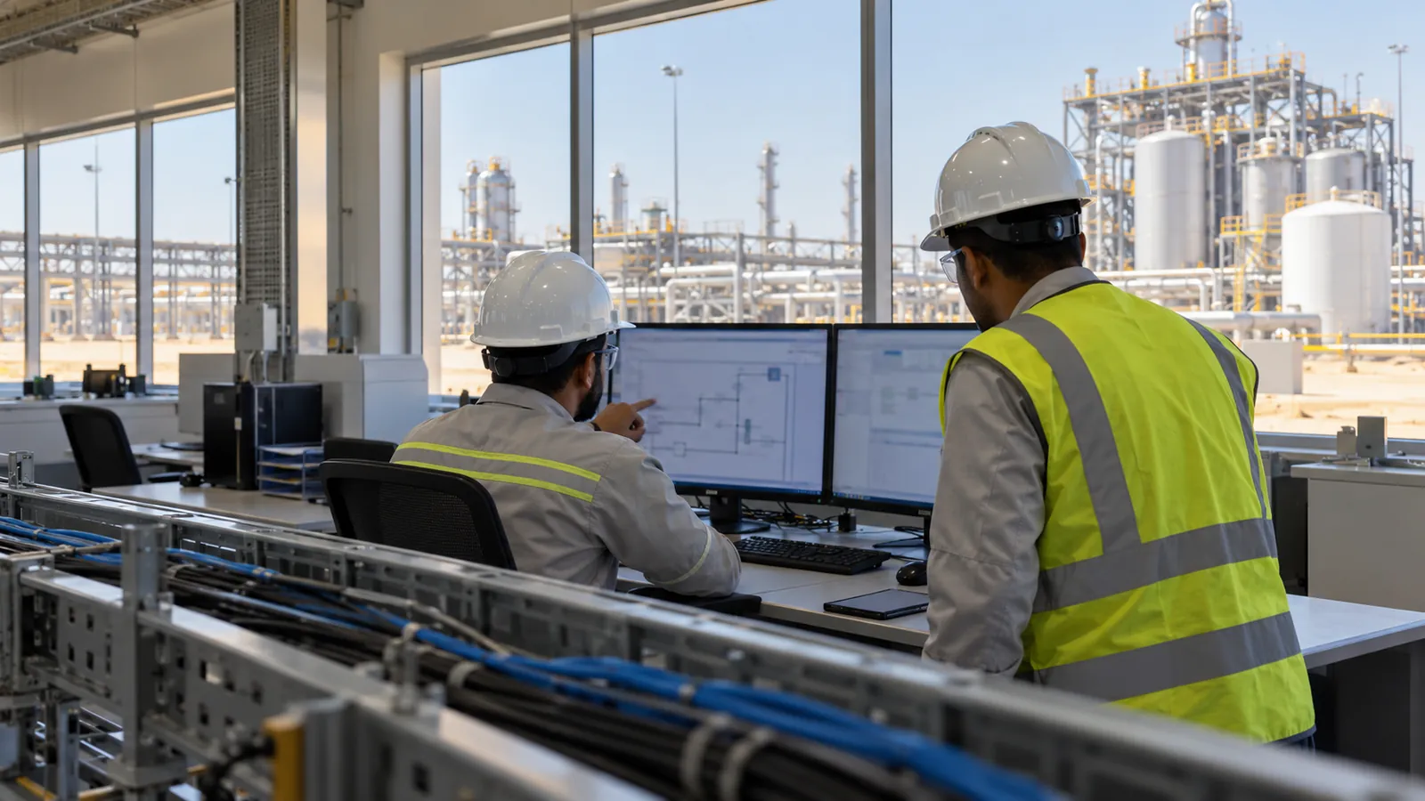 Control system engineers of KSA Industrial Automation Company reviewing a PLC program in the Dammam office