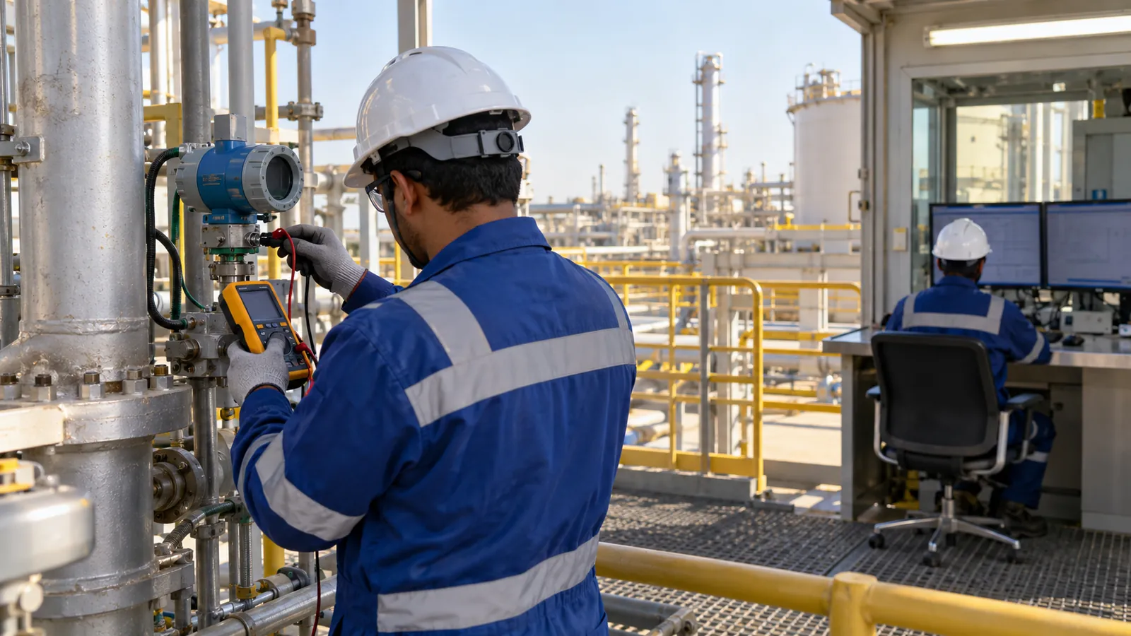 Technician following a loop check procedure with a calibrator and loop folder at an instrument in a Saudi plant