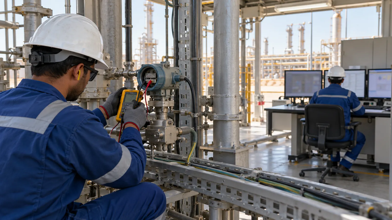 Technician performing loop check services with a loop calibrator on a pressure transmitter in a Saudi Arabian plant