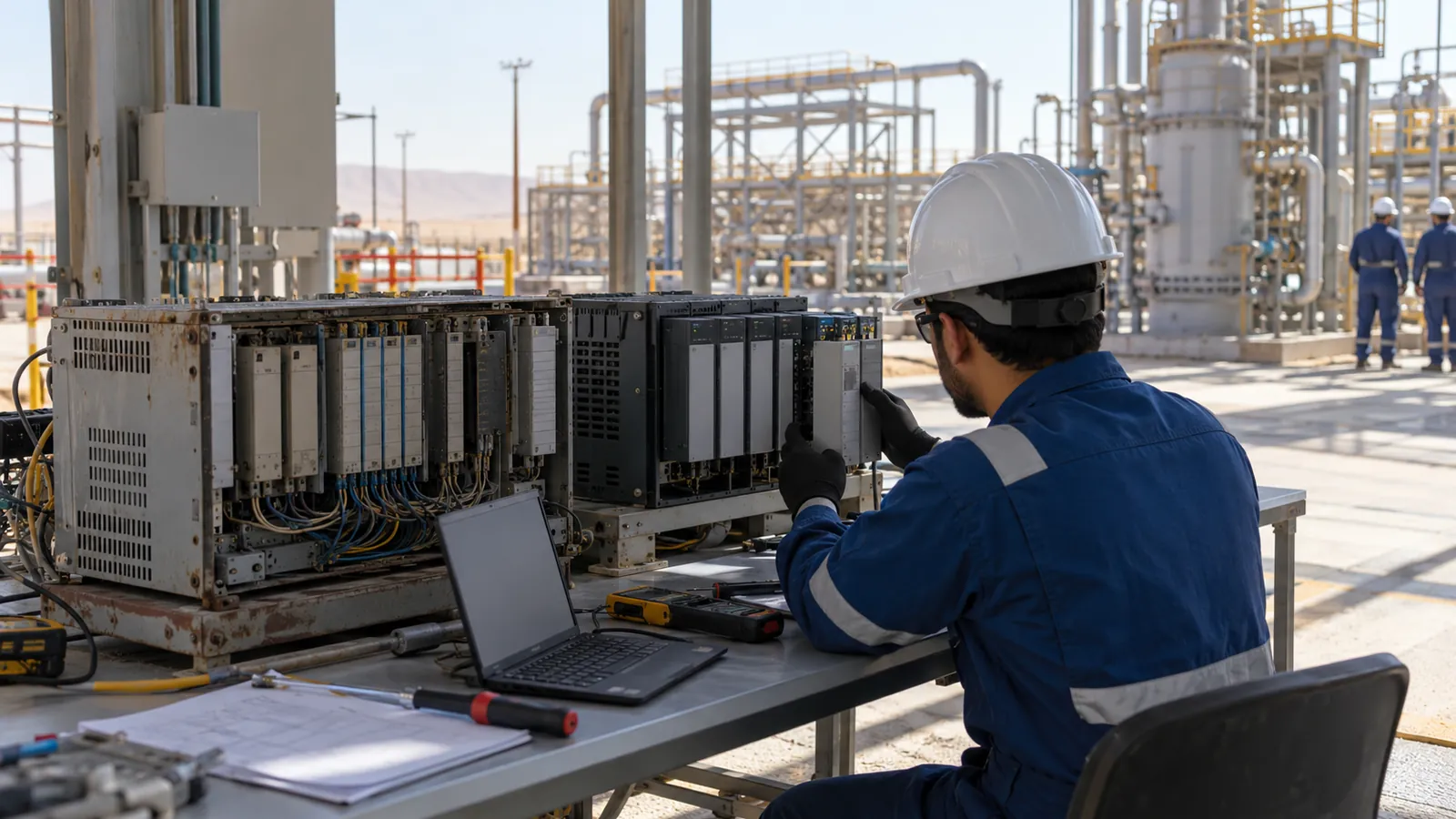 Engineer working through a PLC migration checklist beside a control panel in a Saudi plant