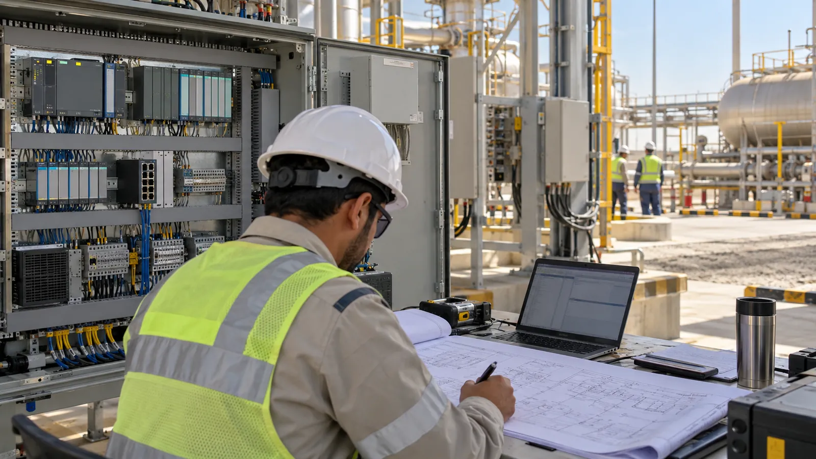 Engineer reviewing an I/O list to estimate PLC programming cost for a Saudi plant