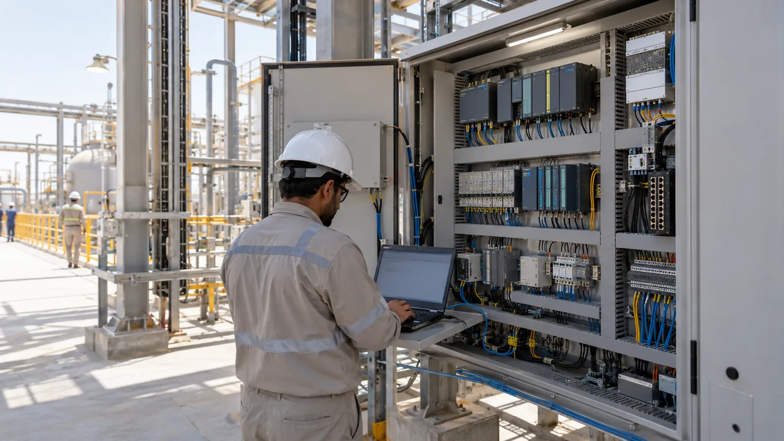 Engineer testing PLC programming services logic on a control system in Saudi Arabia