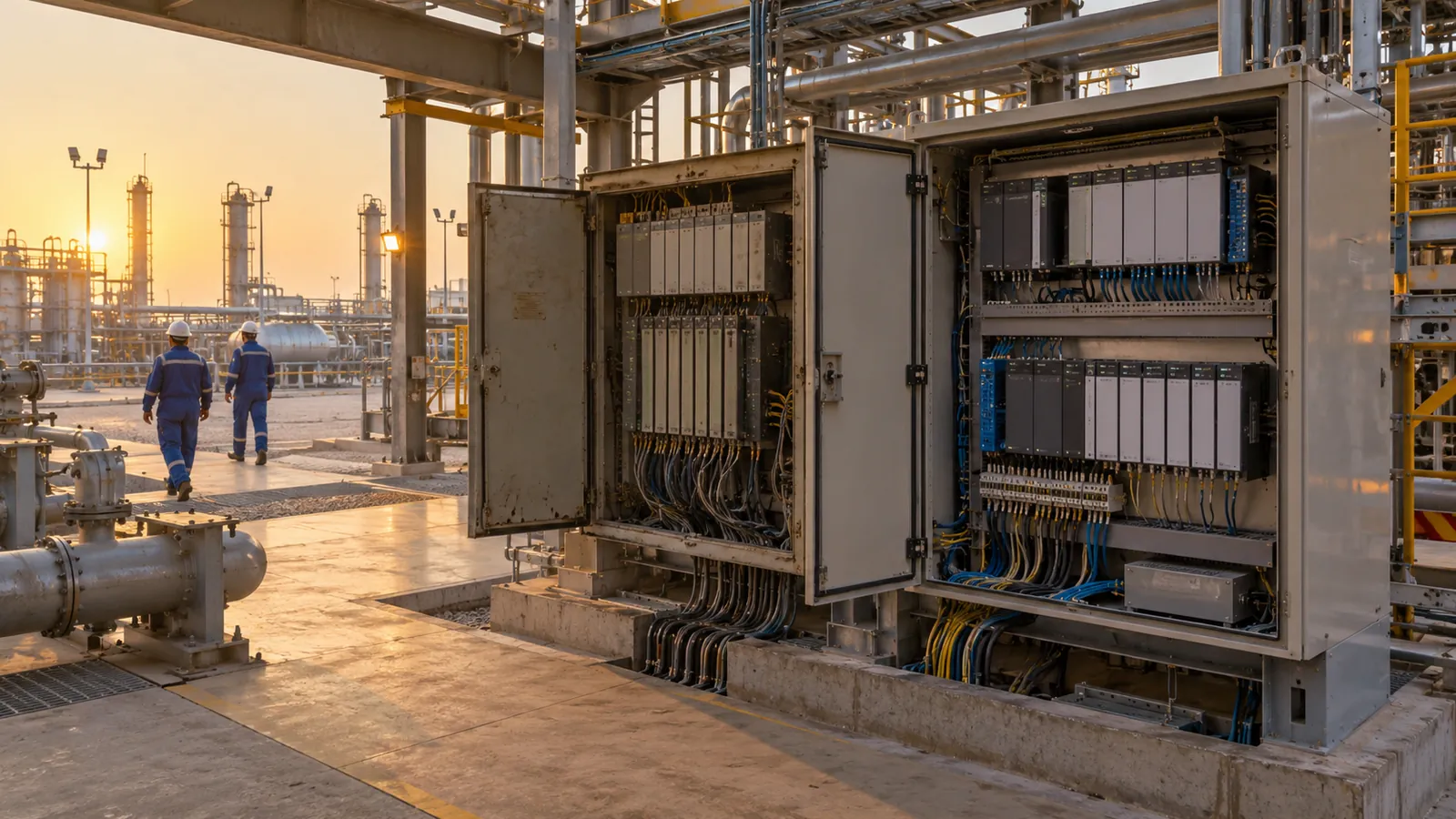 Legacy PLC rack being replaced during a PLC retrofit at an industrial plant in Saudi Arabia