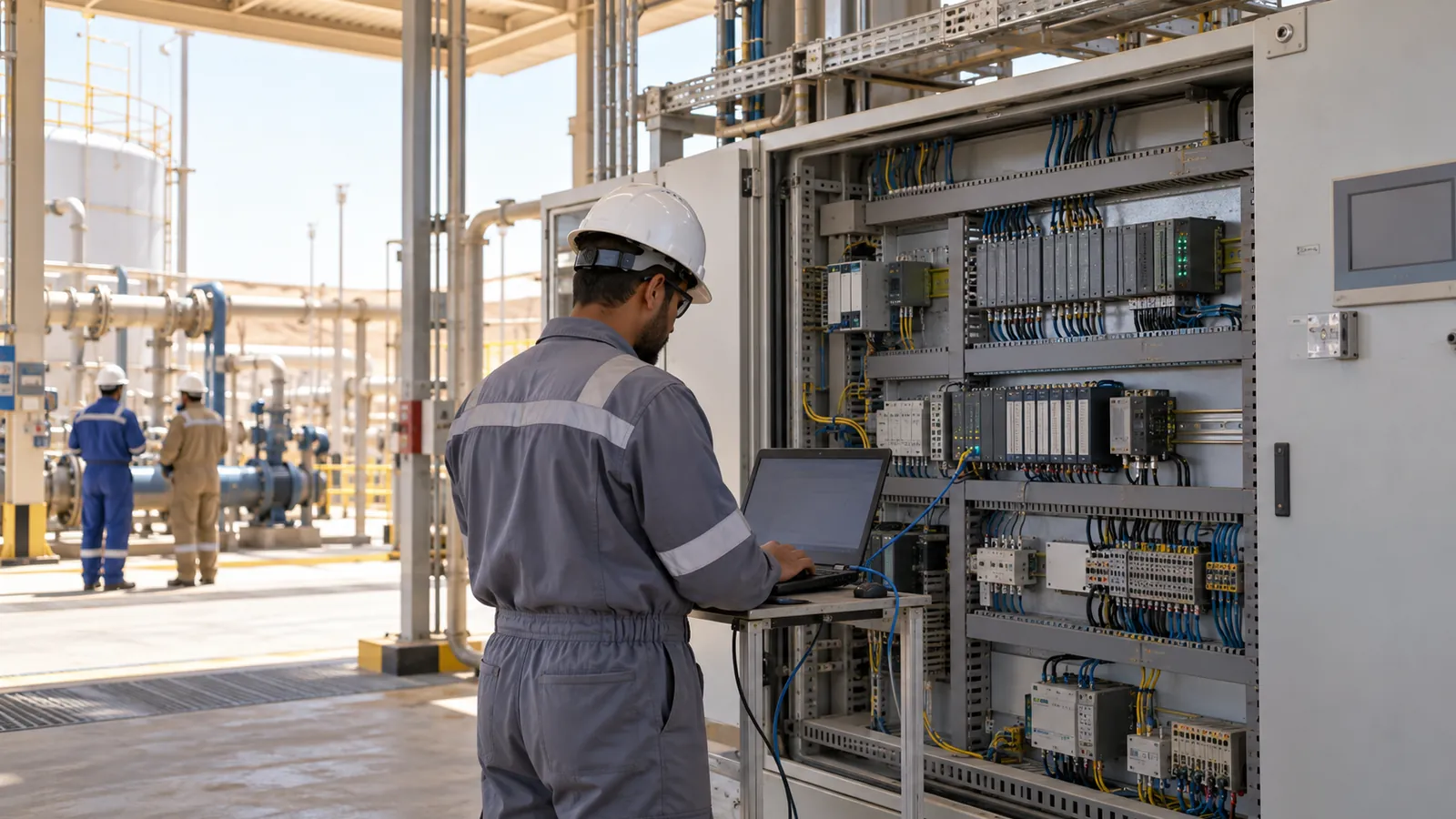 Engineer checking status lights on a PLC to find common PLC troubleshooting faults in a Saudi plant