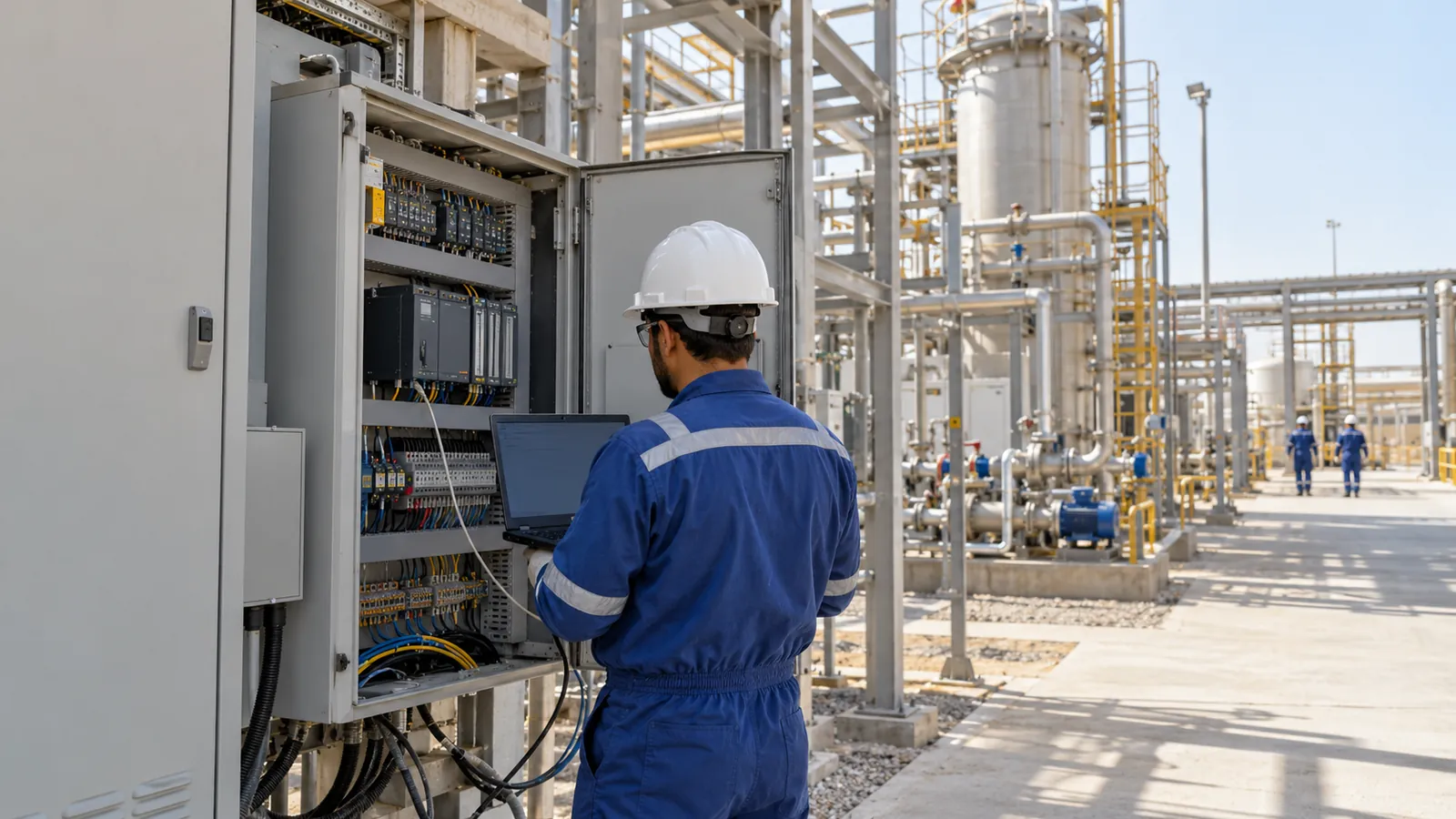 Automation engineer carrying out PLC troubleshooting on a live control panel at a Saudi Arabian plant