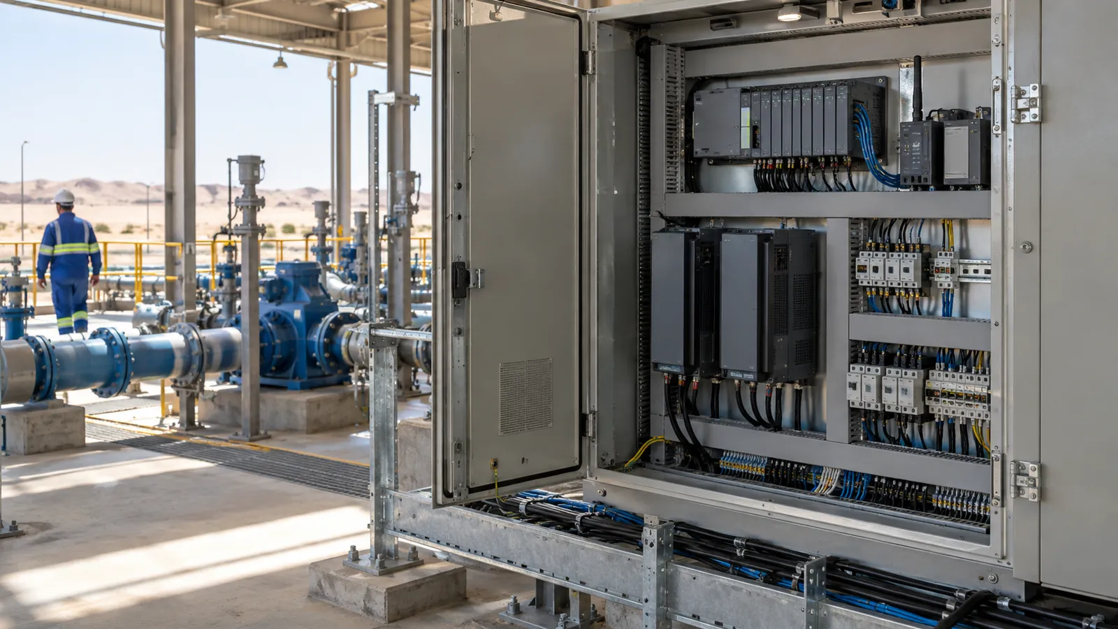Pump station with automated control cabinet showing pump station automation benefits in Saudi Arabia