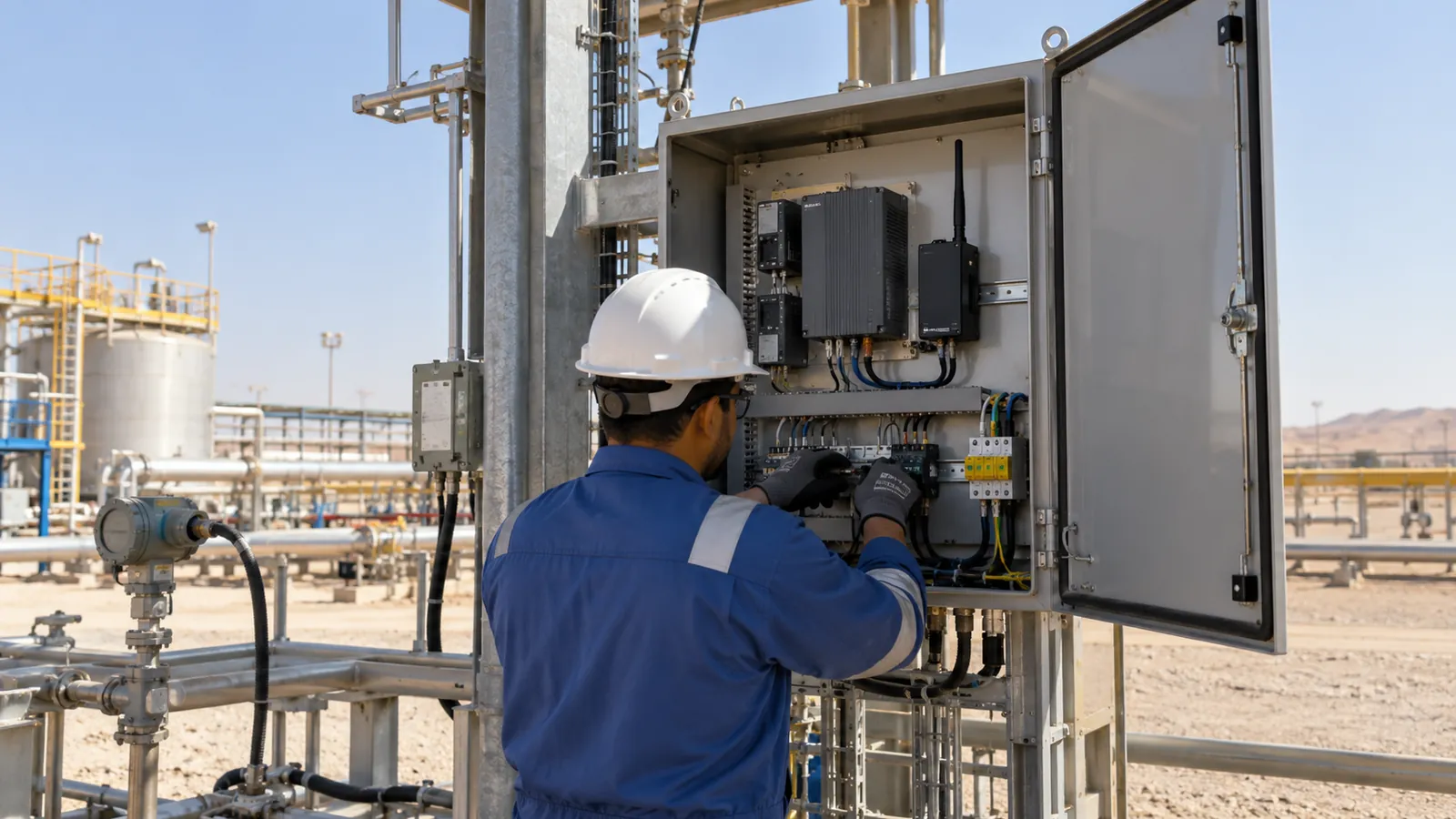 Remote monitoring system for industrial plants in Saudi Arabia with an RTU and 4G router installed in a field panel