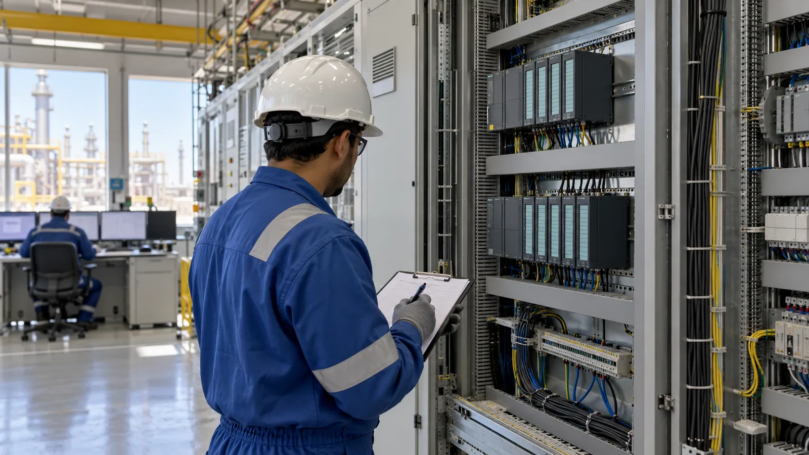 Engineer checking an S7-300 rack before planning an S7-300 end of life migration at a Saudi plant