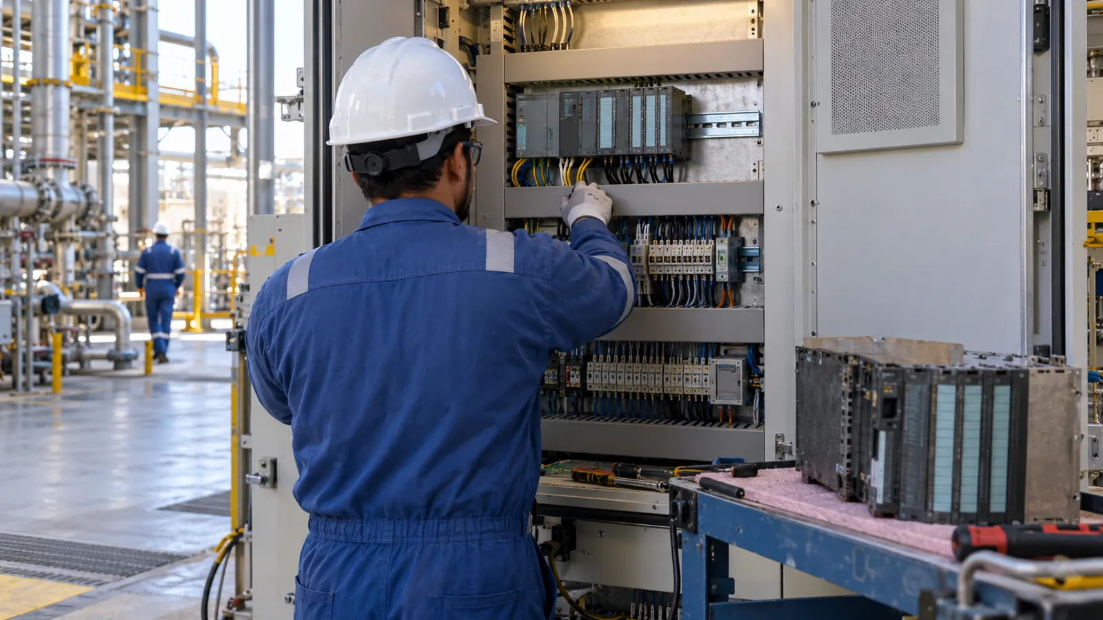 Engineer completing an S7-300 migration to an S7-1500 controller in a Saudi Arabian plant control room