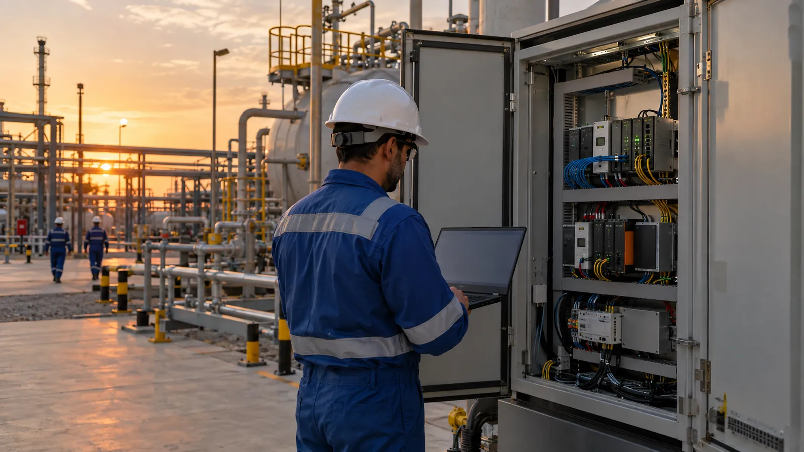 Engineer reviewing a network diagram for SCADA cybersecurity basics in an industrial plant in Saudi Arabia