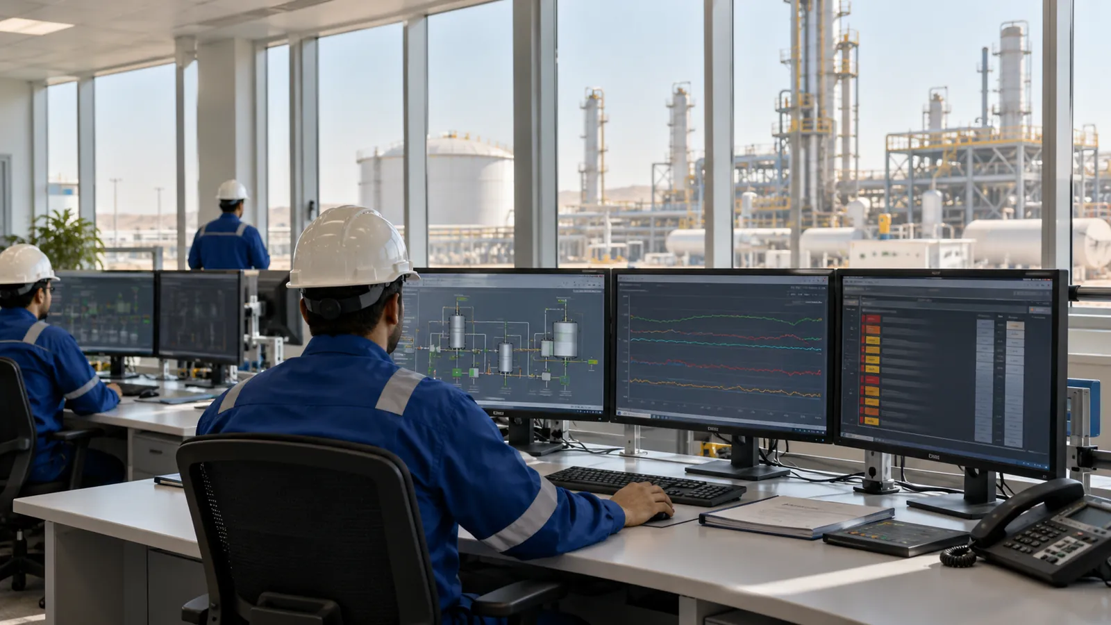 Control room workstation showing SCADA integration for a plant in Saudi Arabia