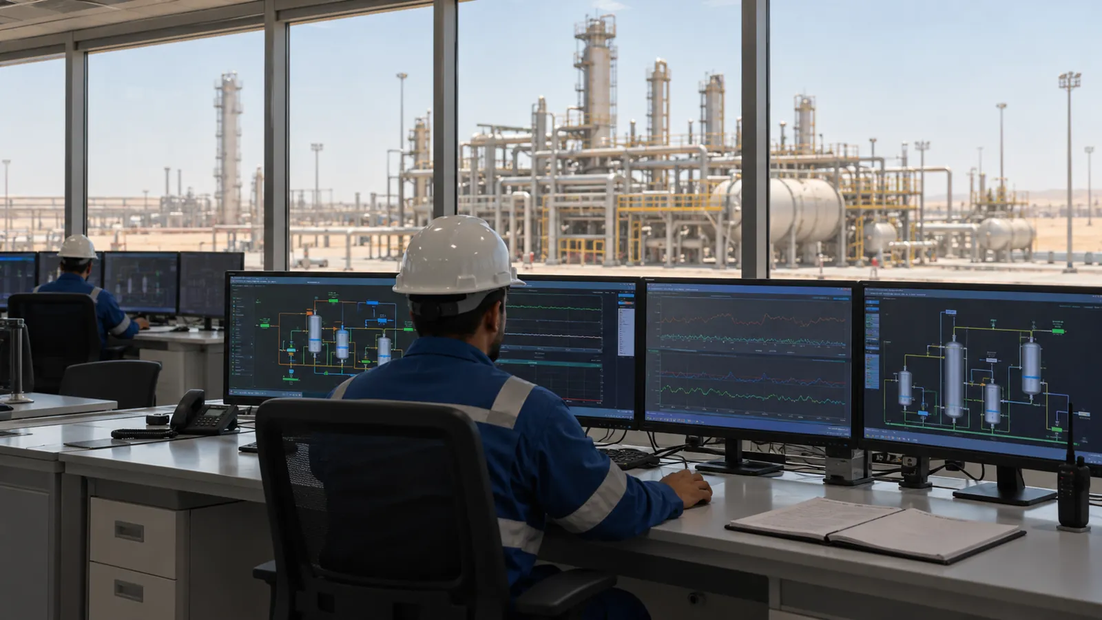 Engineers reviewing a SCADA platform comparison on a control room screen in a Saudi plant