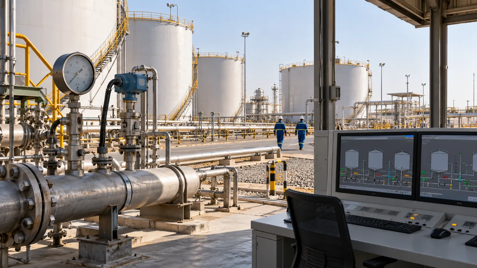Tank farm monitoring system overview screen and storage tanks in Saudi Arabia